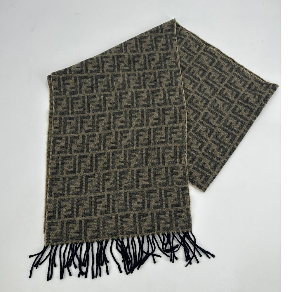 Fendi Wool Scarf Zucca Logo Pattern Black/Tan 14" x 89"